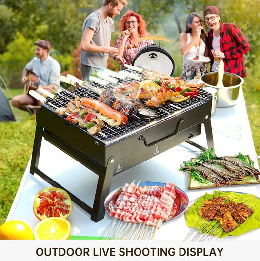 Large Outdoor Portable Charcoal Folding Grill, black metal frame with skewers cooking veggies on Tampa Home & Garden Store
