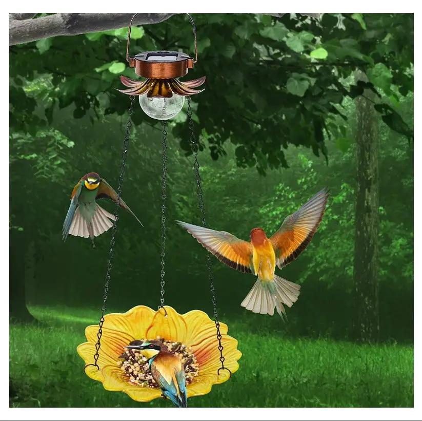 Solar Hanging Bird Bath Glass Tray with yellow sunflower dish and hummingbirds on Tampa Home & Garden Store