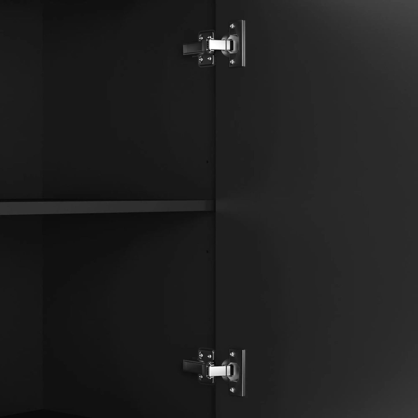 Modern black buffet cabinet door close-up with chrome hinge hardware on Tampa Home & Garden Store