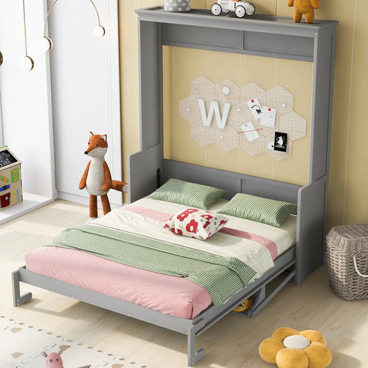 Gray Queen Size Murphy Bed with Shelf, pink bedding and fox plush VIP Digital Presence on Tampa Home & Garden Store