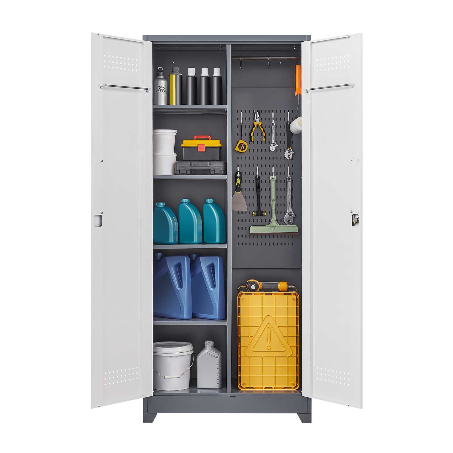 Lockable metal cabinet for cleaning tools with shelves, pegboard and hooks on Tampa Home & Garden Store
