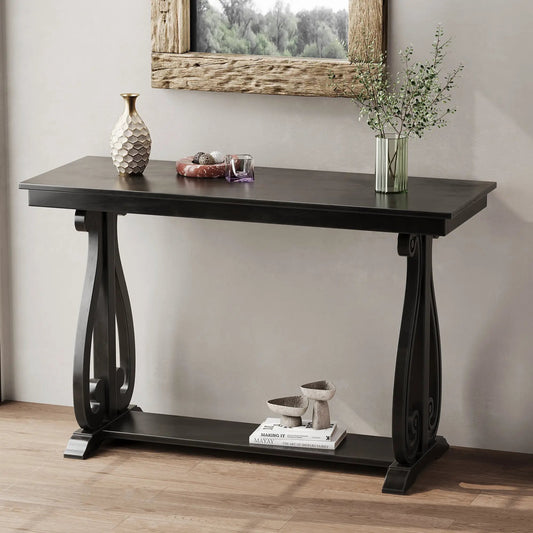 48-Inch Rustic Vintage Console Table Open Shelf in black finish with metal scroll legs on Tampa Home & Garden Store