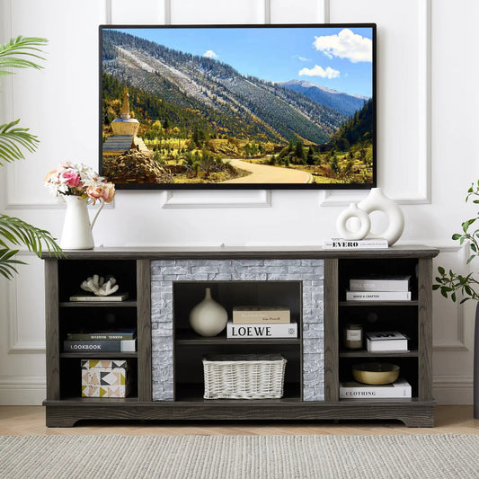 Mantel Stone TV Stand with Faux Stone Surround in dark wood finish, open shelves with books and decor on Tampa Home & Garden Store