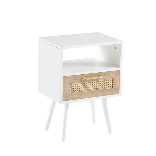 Rattan end table with drawer and wood legs, white frame, front woven panel on Tampa Home & Garden Store