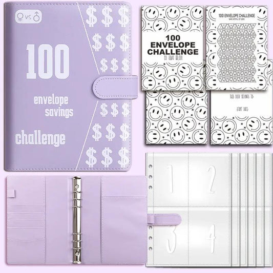 Couples 100 Envelope Challenge Binder lavender with dollar-sign motif and 4 insert cards on Tampa Home & Garden Store