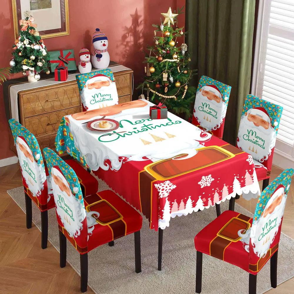 Christmas Waterproof Tablecloth and Chair Covers set Santa motif; 6 red/teal chair covers on Tampa Home & Garden Store