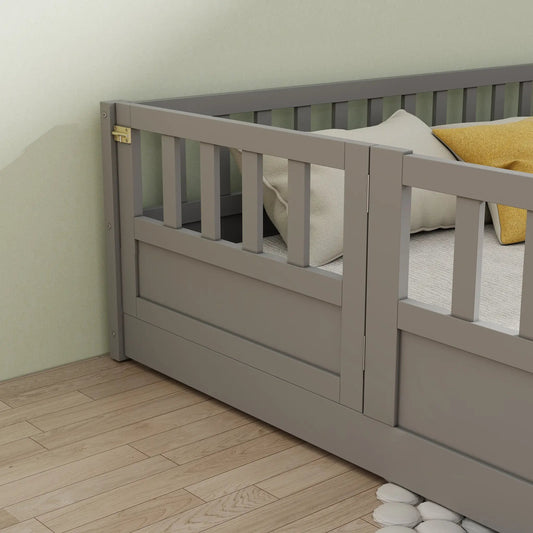 Full Size Montessori Floor Bed for Kids in gray pine with low platform and slatted sides on Tampa Home & Garden Store