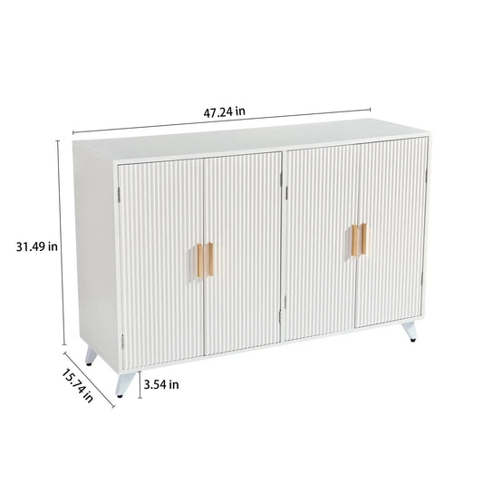 Ivory white sideboard buffet with 4 ribbed doors and tapered legs on Tampa Home & Garden Store