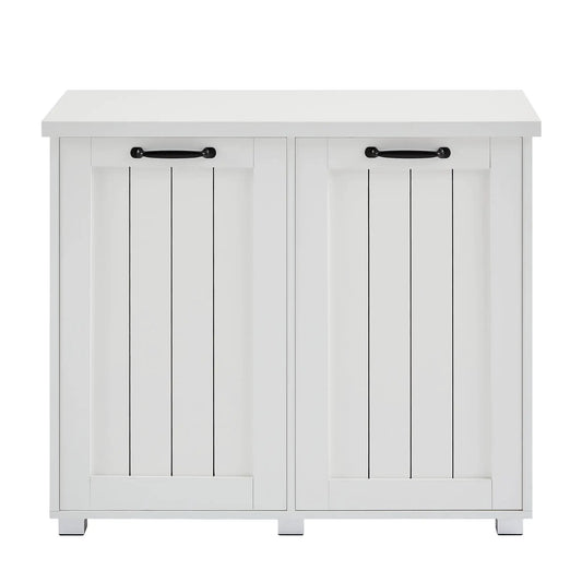 Two-compartment tilt-out trash cabinet in white with black handles and slatted doors on Tampa Home & Garden Store
