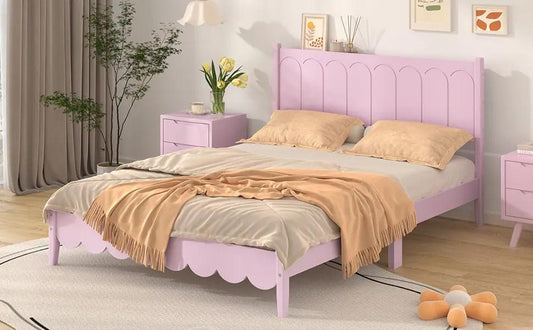 Pink full-size wood platform bed frame with headboard and two matching nightstands on Tampa Home & Garden Store