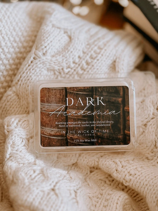 Dark Academia Wax Melt In the Wick of Time teakwood leather sandalwood notes in clamshell on Tampa Home & Garden Store