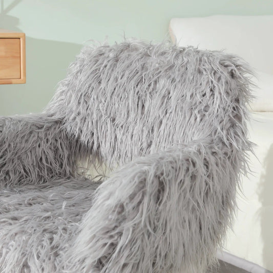 Grey faux fur makeup chair with metal leg and plush shaggy upholstery on Tampa Home & Garden Store