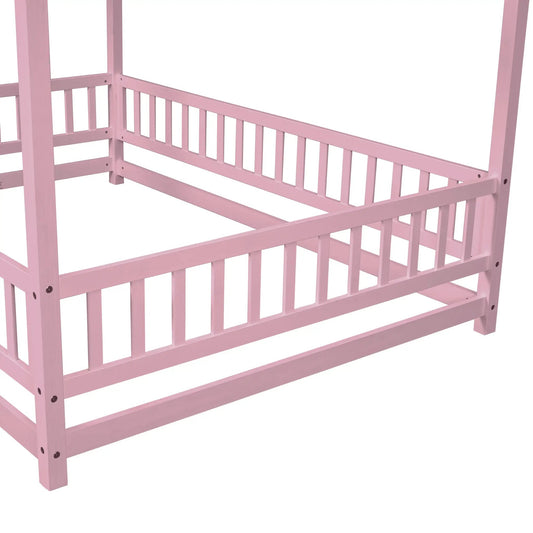 Full-size pink wooden bed with house-roof frame and slatted rails on Tampa Home & Garden Store