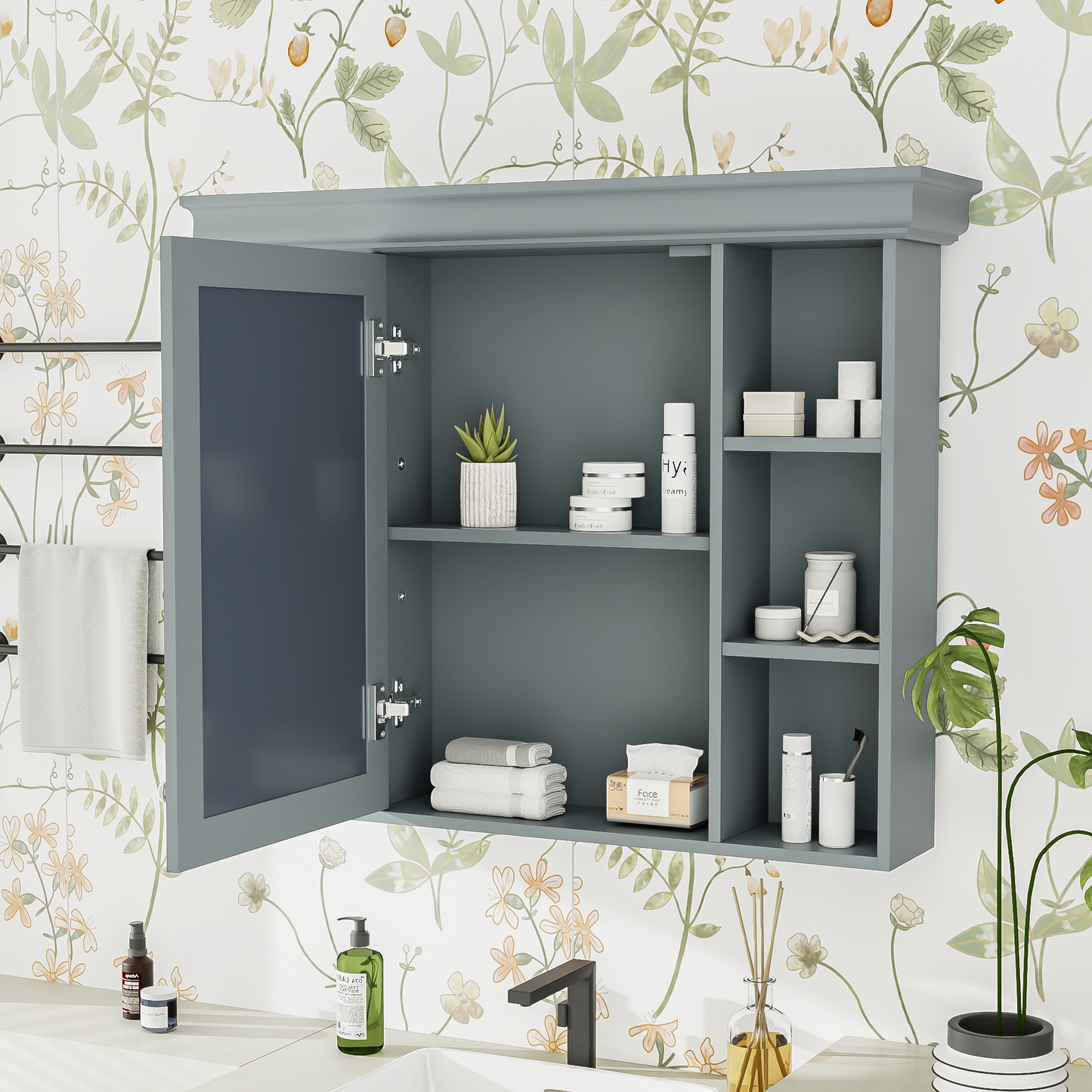 Gabinete de almacenamiento de baño azul de 35''x 28'' montado en la pared con puerta de espejo y botiquín con 6 estantes abiertos