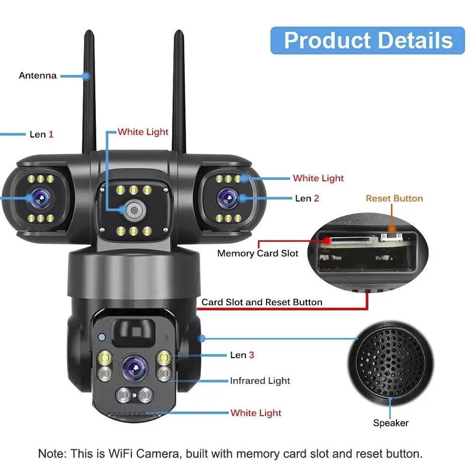 V380 360-Degree solar-powered wireless security camera with three lenses and memory card slot on Tampa Home & Garden Store