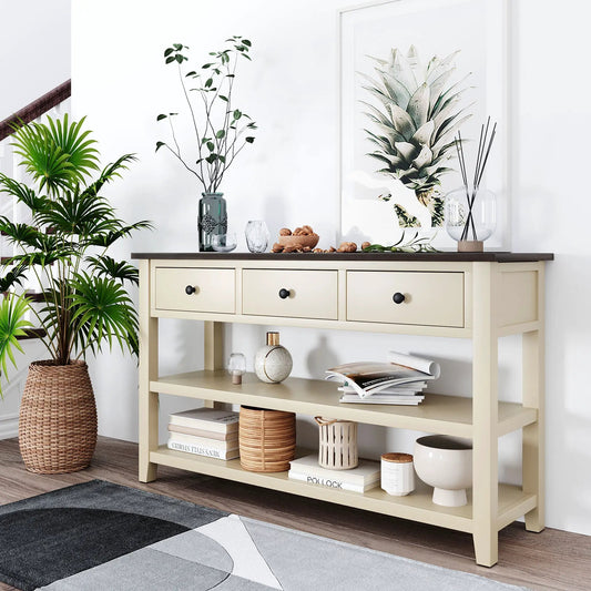 Retro design console table cream finish with dark wood top and two open shelves on Tampa Home & Garden Store