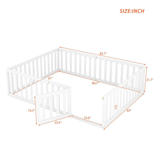 Queen Size wood bed frame with fence rails and door in white, toddler bed on Tampa Home & Garden Store