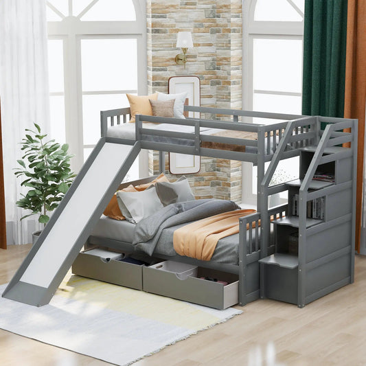 Twin over full bunk bed in gray metal with built-in drawers and slide for kids' room on Tampa Home & Garden Store