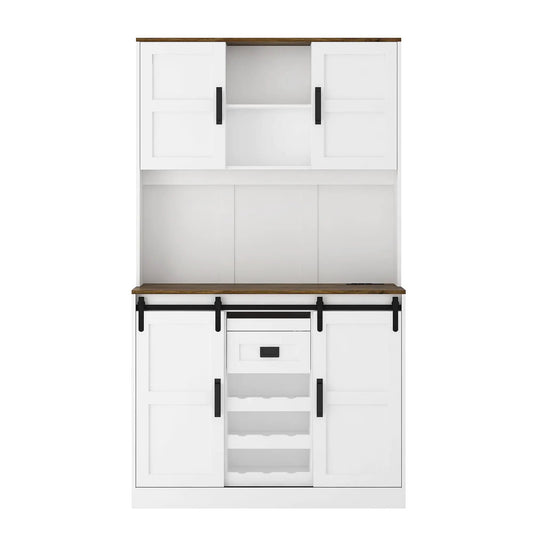 Farmhouse Bar Cabinet with Sliding Barn Doors, white finish, wood top, black hardware on Tampa Home & Garden Store