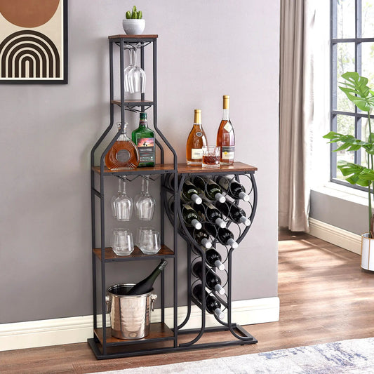 11 Bottle Wine Rack with Glass Holders and Storage black metal frame with wood shelves on Tampa Home & Garden Store