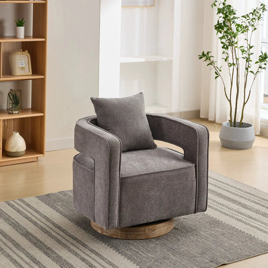 Swivel Accent Open-Back Armchair in gray with weathered round wood base in living room on Tampa Home & Garden Store