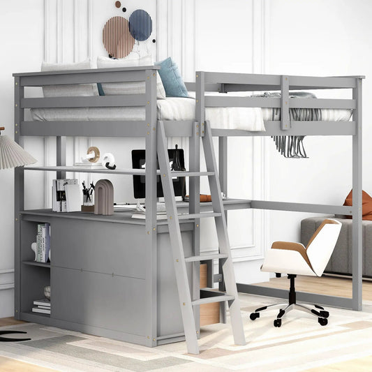 Full Size Loft Bed with Desk and Shelves in Gray, with built-in desk, storage, and ladder on Tampa Home & Garden Store