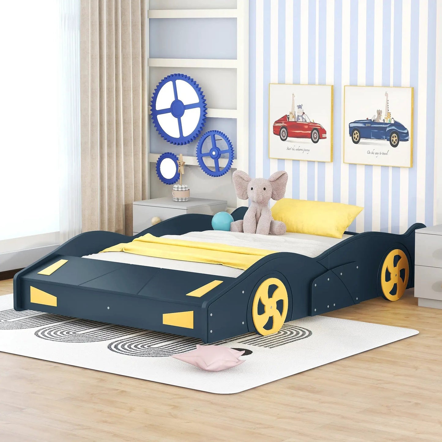 Full-size race car bed in dark blue with yellow accents and wheel details, with storage panels on Tampa Home & Garden Store