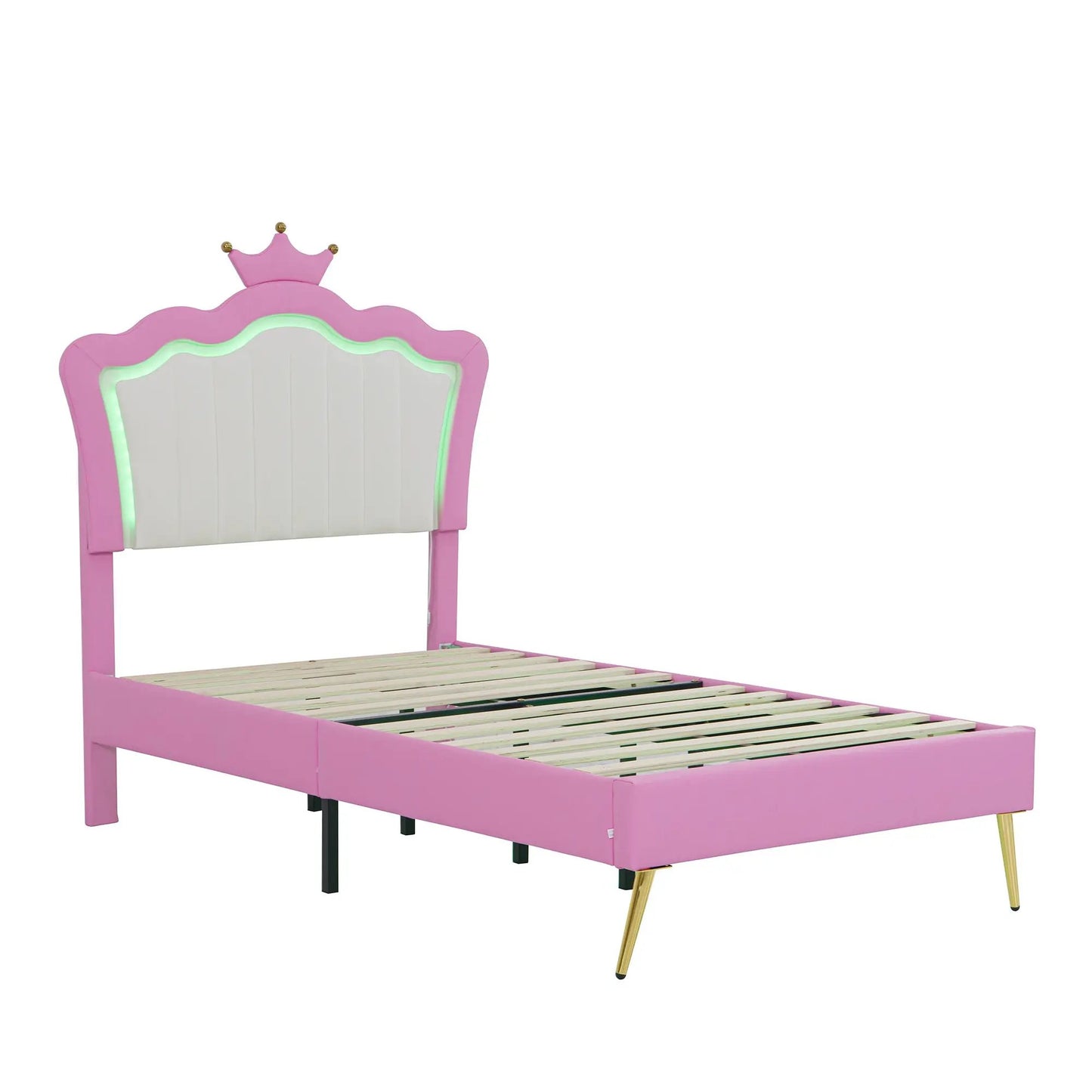 Base de cama tapizada Twin Size con luces LED, Cama princesa moderna tapizada con cabecero de corona, Rosa+Blanco
