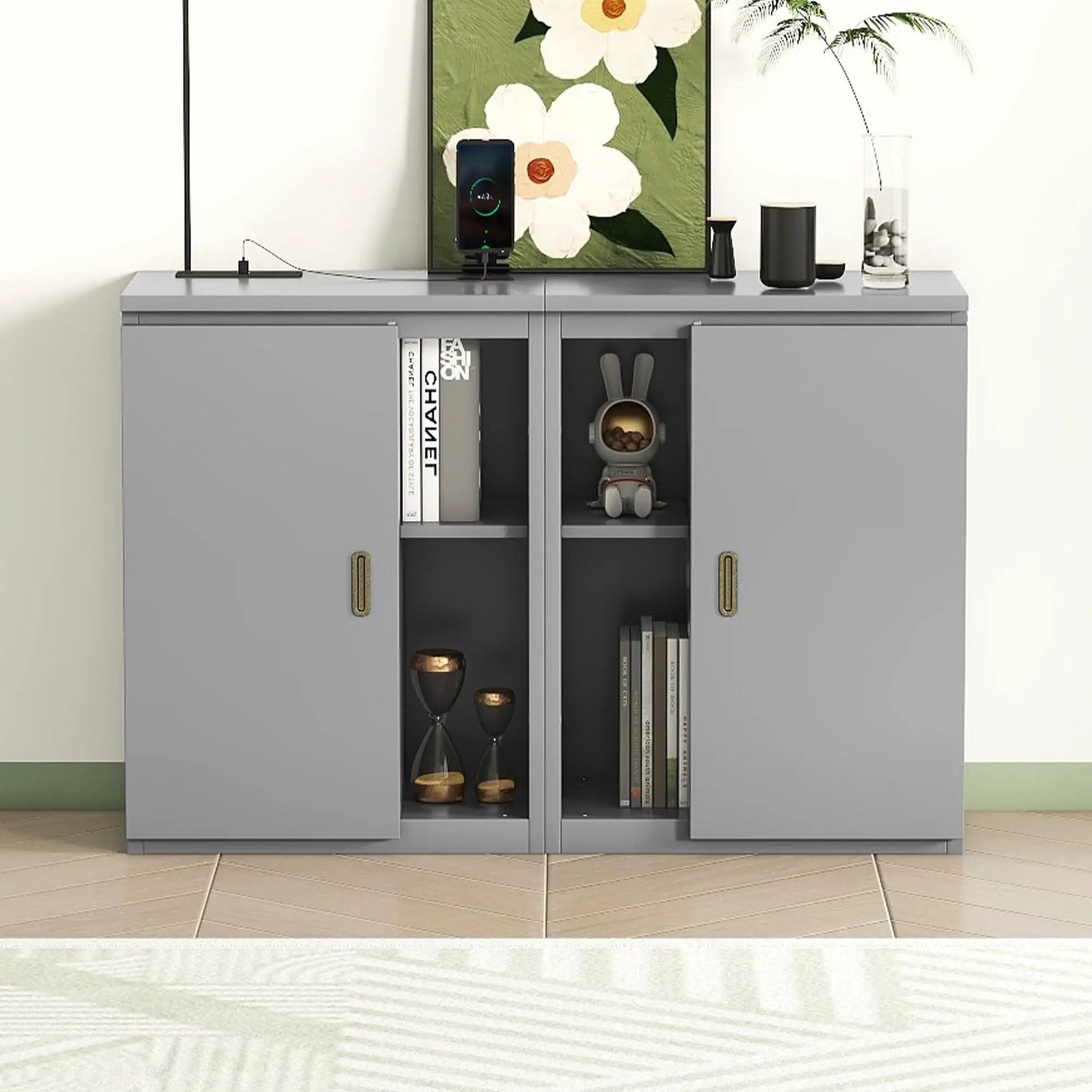Queen Murphy Bed with Shelves and USB Ports Gray storage cabinet with floral art, books, and decor on Tampa Home & Garden Store