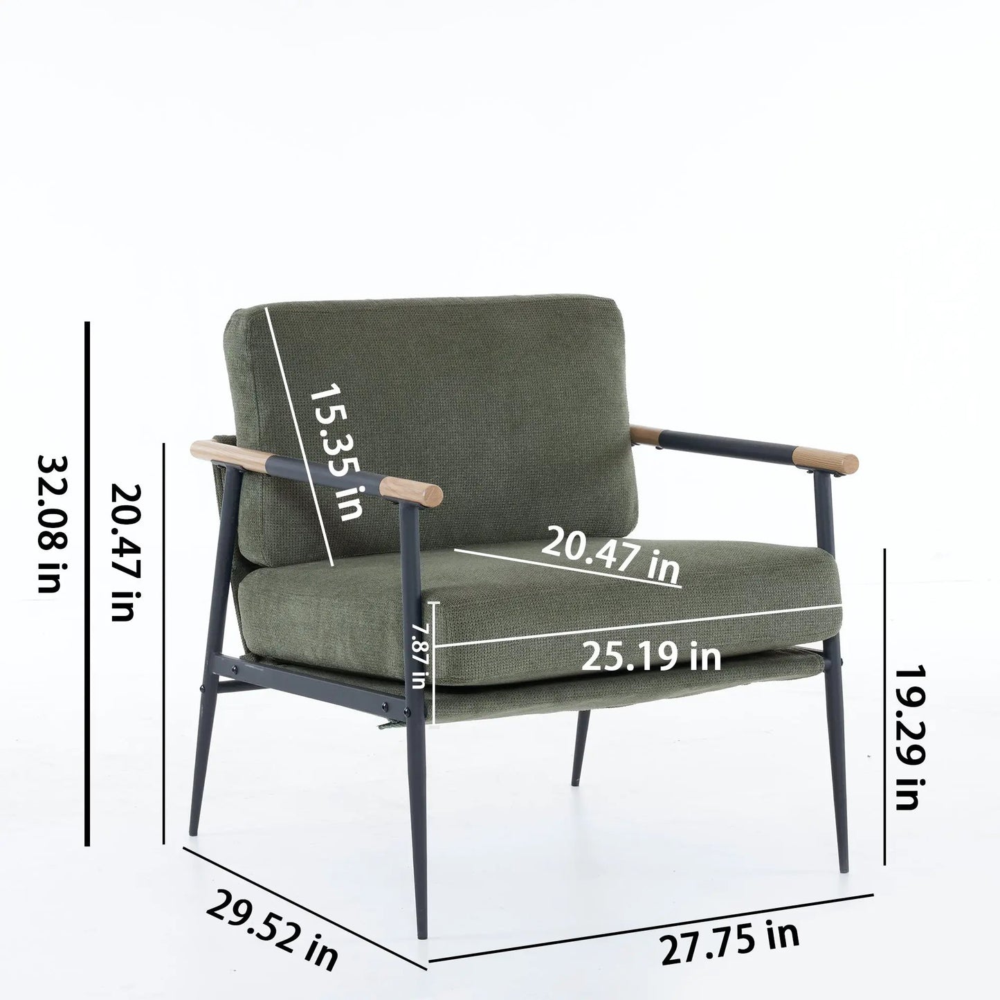 Soft Cushioned Reading Chair in plush olive-green fabric with metal legs and wood armrests on Tampa Home & Garden Store