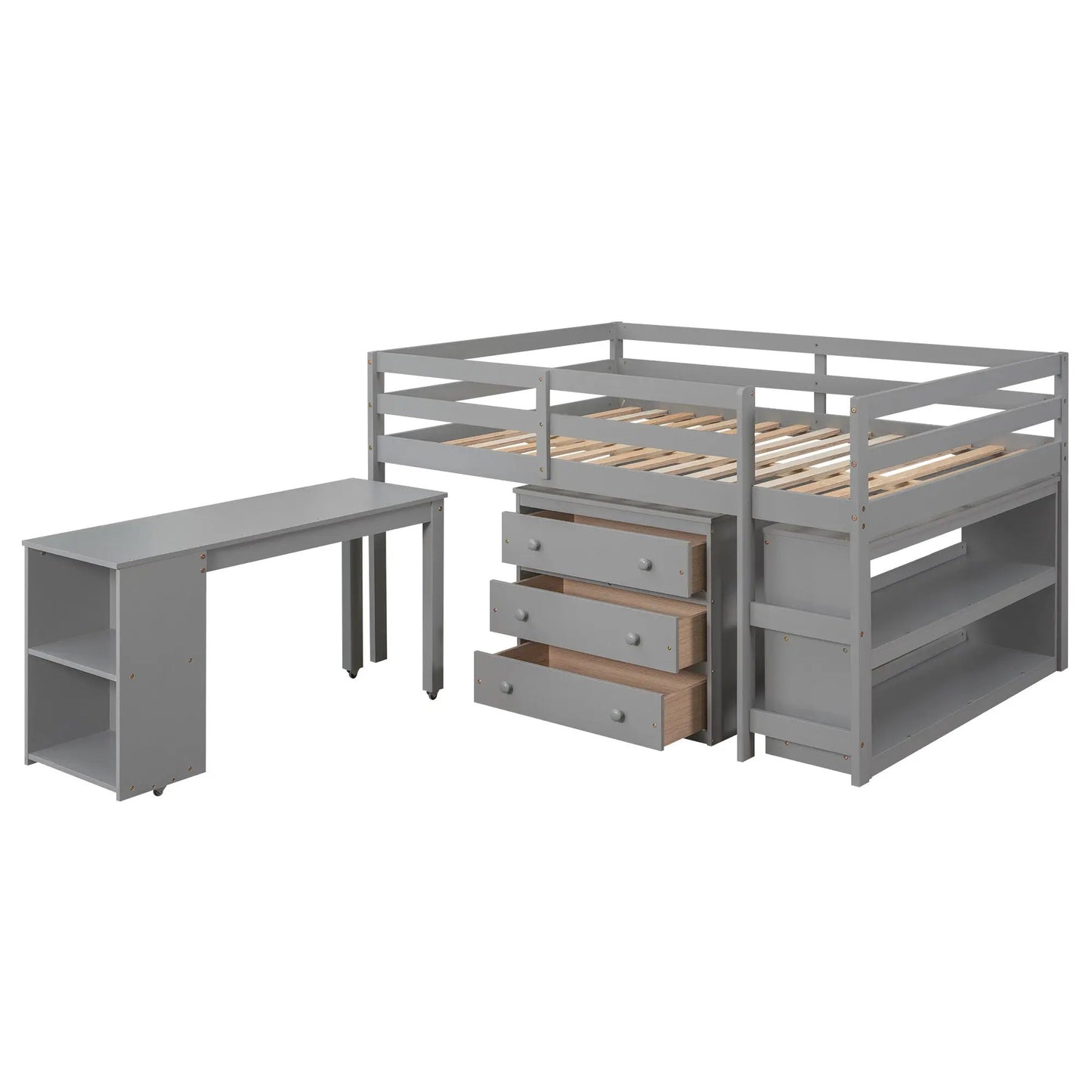 Low study loft bed with cabinet shelves, desk, and drawer unit in gray finish on Tampa Home & Garden Store