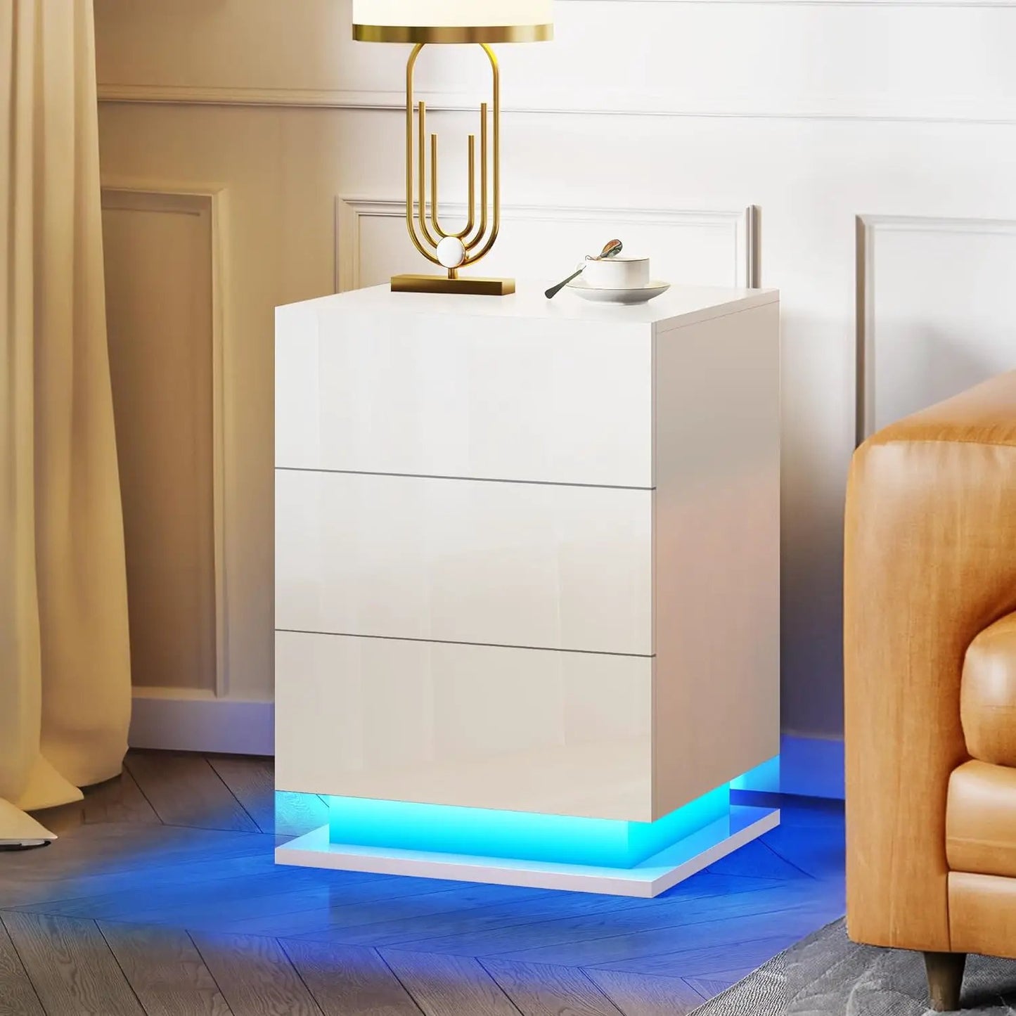 Mesita de noche LED con 3 cajones, mesita de noche blanca, mesa auxiliar moderna para dormitorio