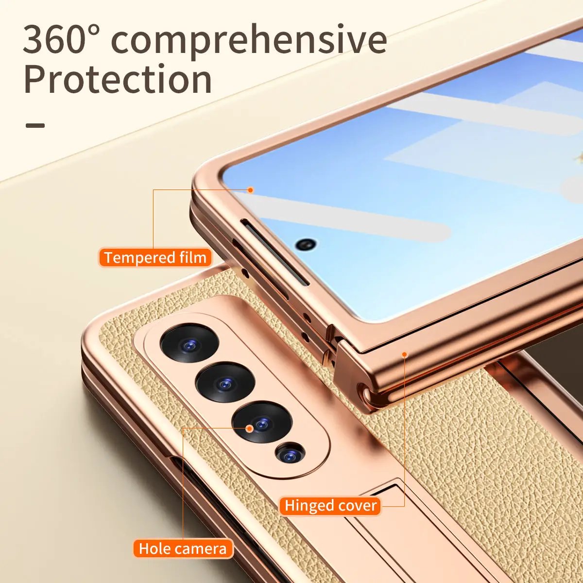 Samsung Fold3 Leather Case with Pen Slot in rose gold, hinged cover, tempered film on Tampa Home & Garden Store