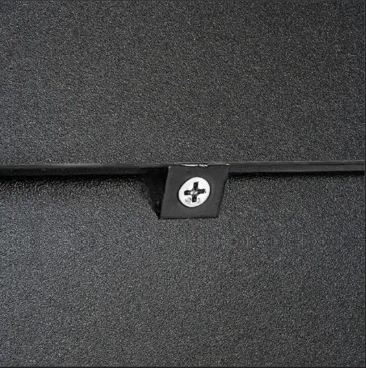 4-tier black shoe cabinet close-up showing a silver mounting screw on a black panel on Tampa Home & Garden Store