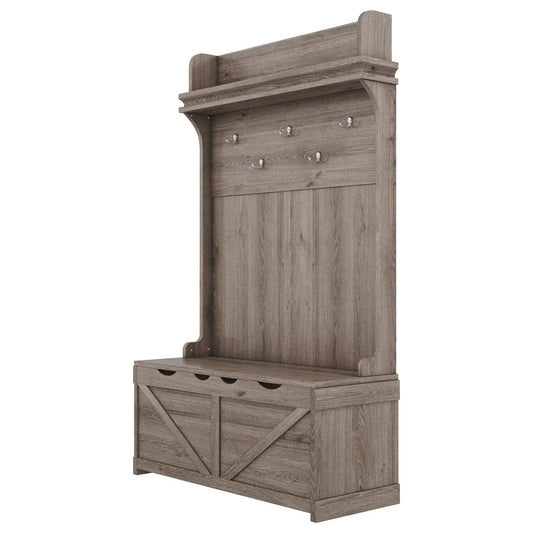 Hall tree with storage bench and oak display rack, wood finish with metal coat hooks on Tampa Home & Garden Store