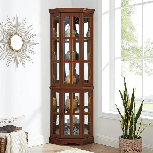 Corner curio cabinet with 5 glass shelves and interior lighting in warm brown finish on Tampa Home & Garden Store