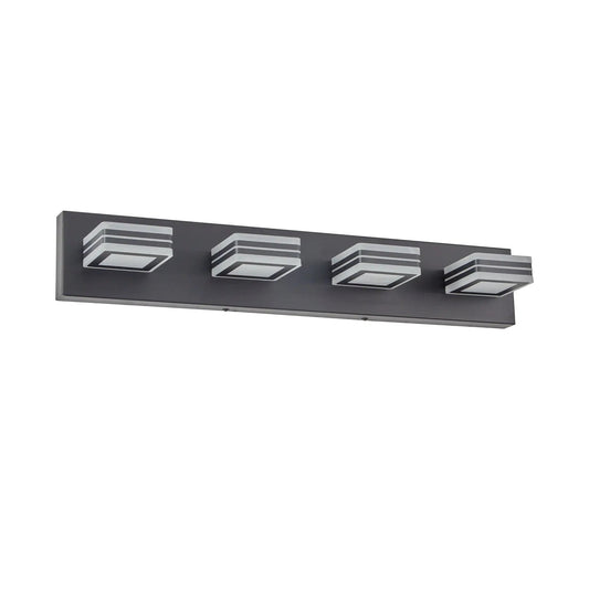 LED 4-light black vanity wall fixture with square frosted glass shades over mirror on Tampa Home & Garden Store