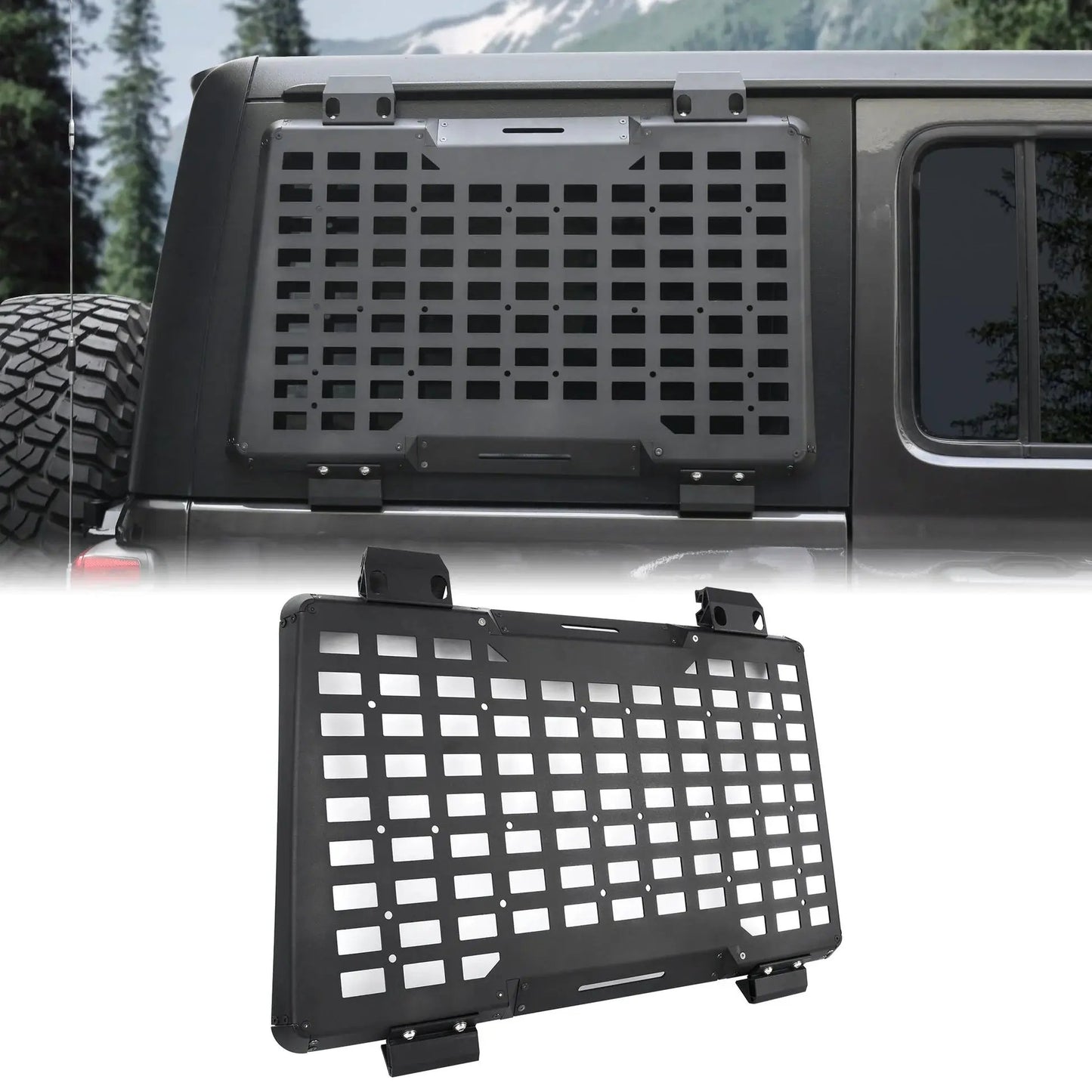 Rear window MOLLE panel for Jeep Wrangler on tailgate; black metal grid with mounting brackets on Tampa Home & Garden Store