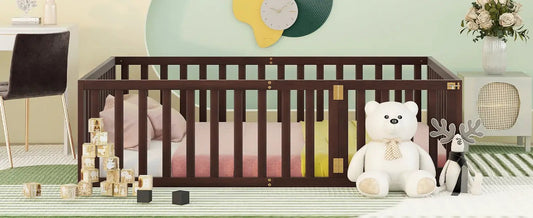 Walnut full-size wood daybed frame with fence rails in a nursery, blocks and bear nearby on Tampa Home & Garden Store