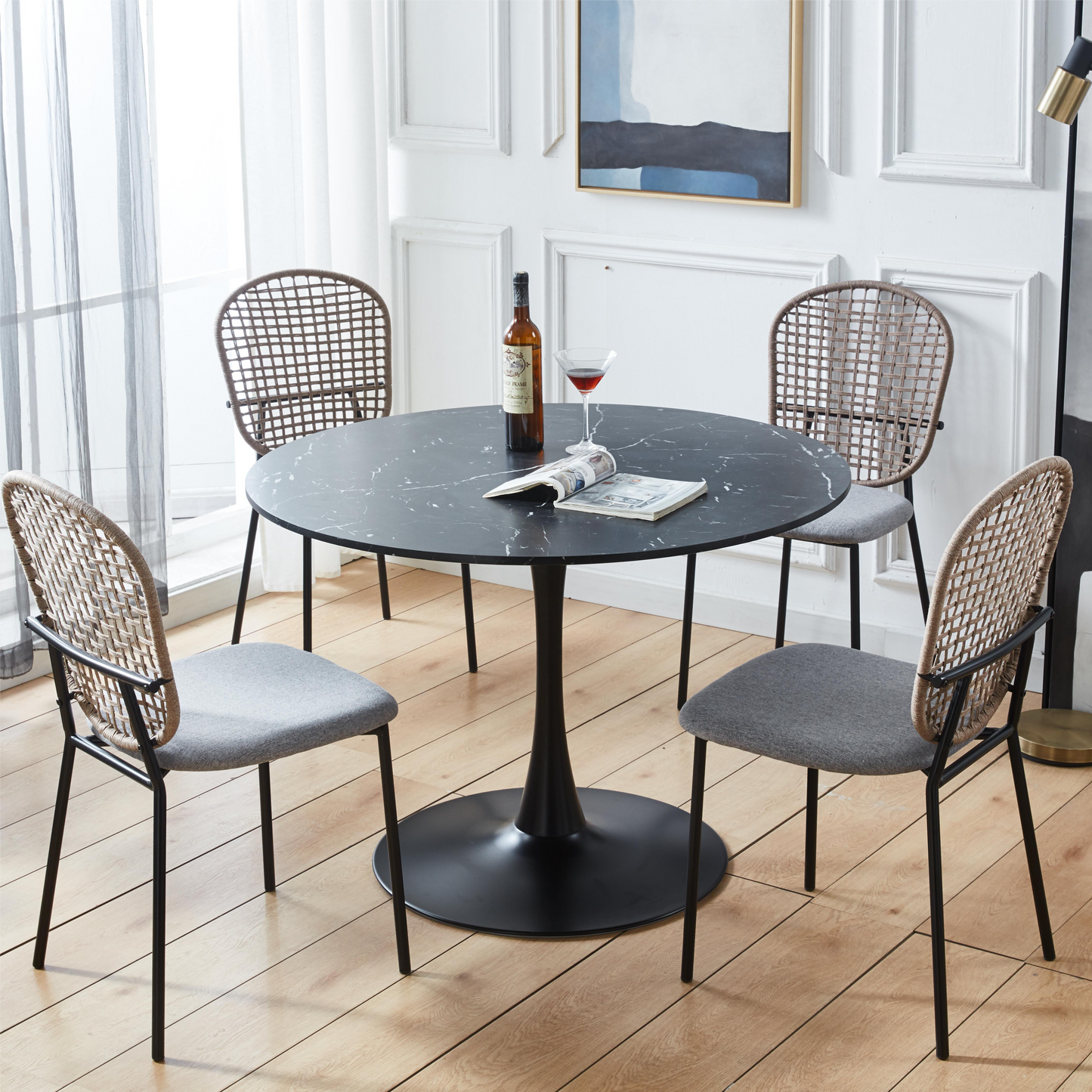 42.1 "Mesa de comedor Black Tulip 4-6 Mesa de comedor de la Edad Media Redonda Mdf Mesa de centro informal