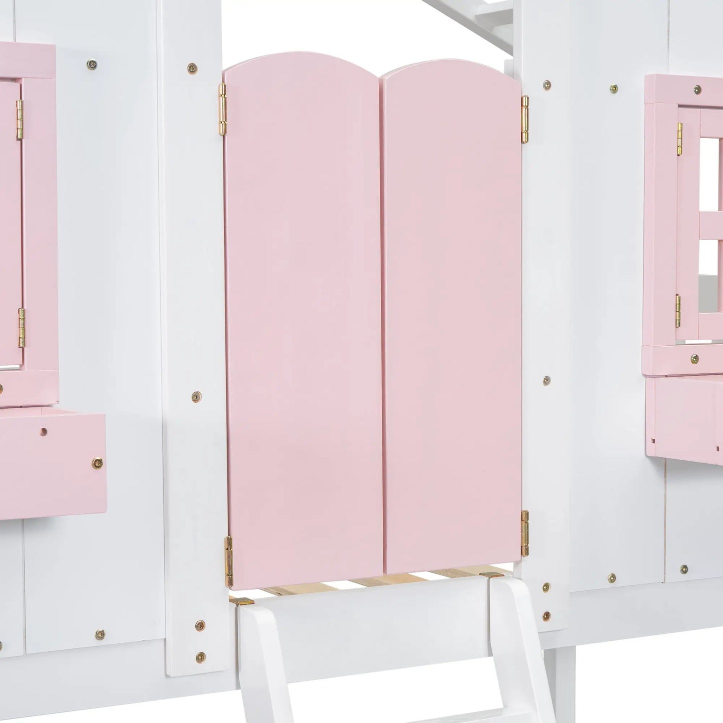 Twin over twin house bunk bed with pink panels and white frame, ladder visible on Tampa Home & Garden Store