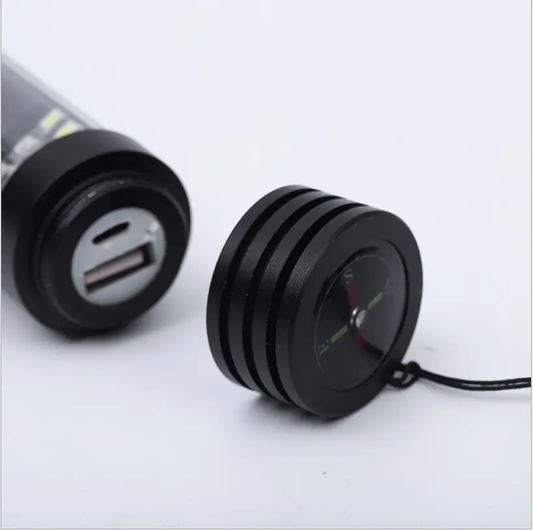 Black solar power LED flashlight with USB power bank magnet and lanyard on Tampa Home & Garden Store