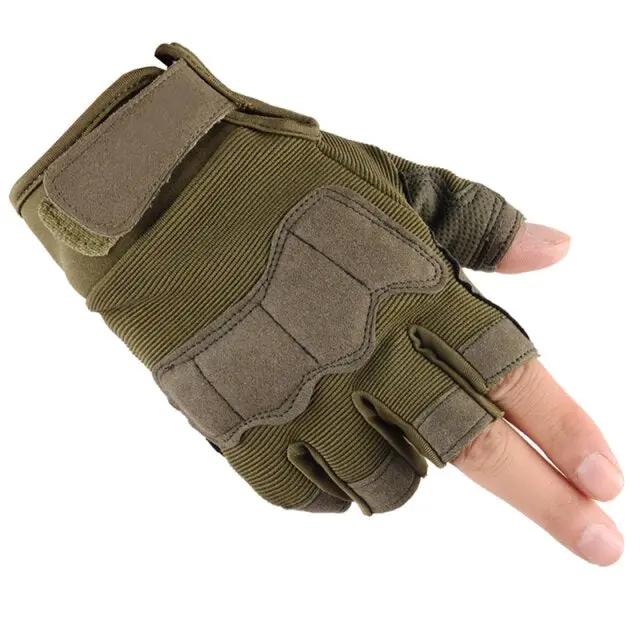 Olive green tactical weight lifting gym glove with padded back, fingerless design, strap closure on Tampa Home & Garden Store