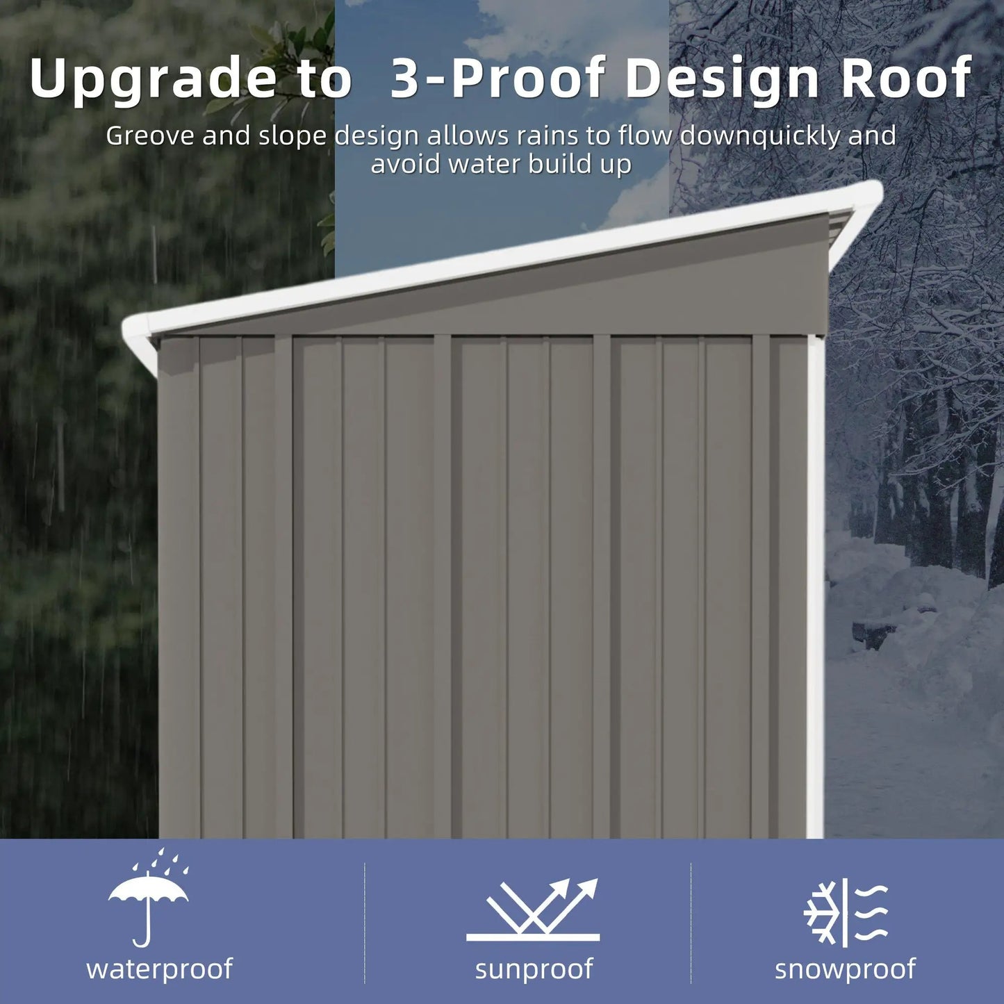 5x3ft outdoor storage shed with sloped roof in gray metal panels and white trim on Tampa Home & Garden Store