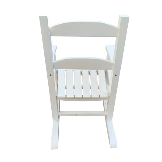 Children's white rocking chair with curved back and slatted seat for indoor outdoor use on Tampa Home & Garden Store