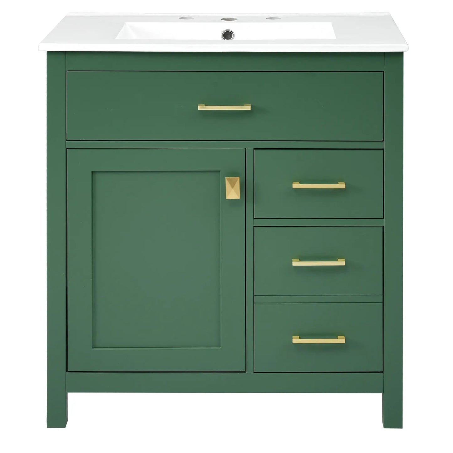 Green 30-inch bathroom vanity with white ceramic sink, brass handles and storage drawers on Tampa Home & Garden Store