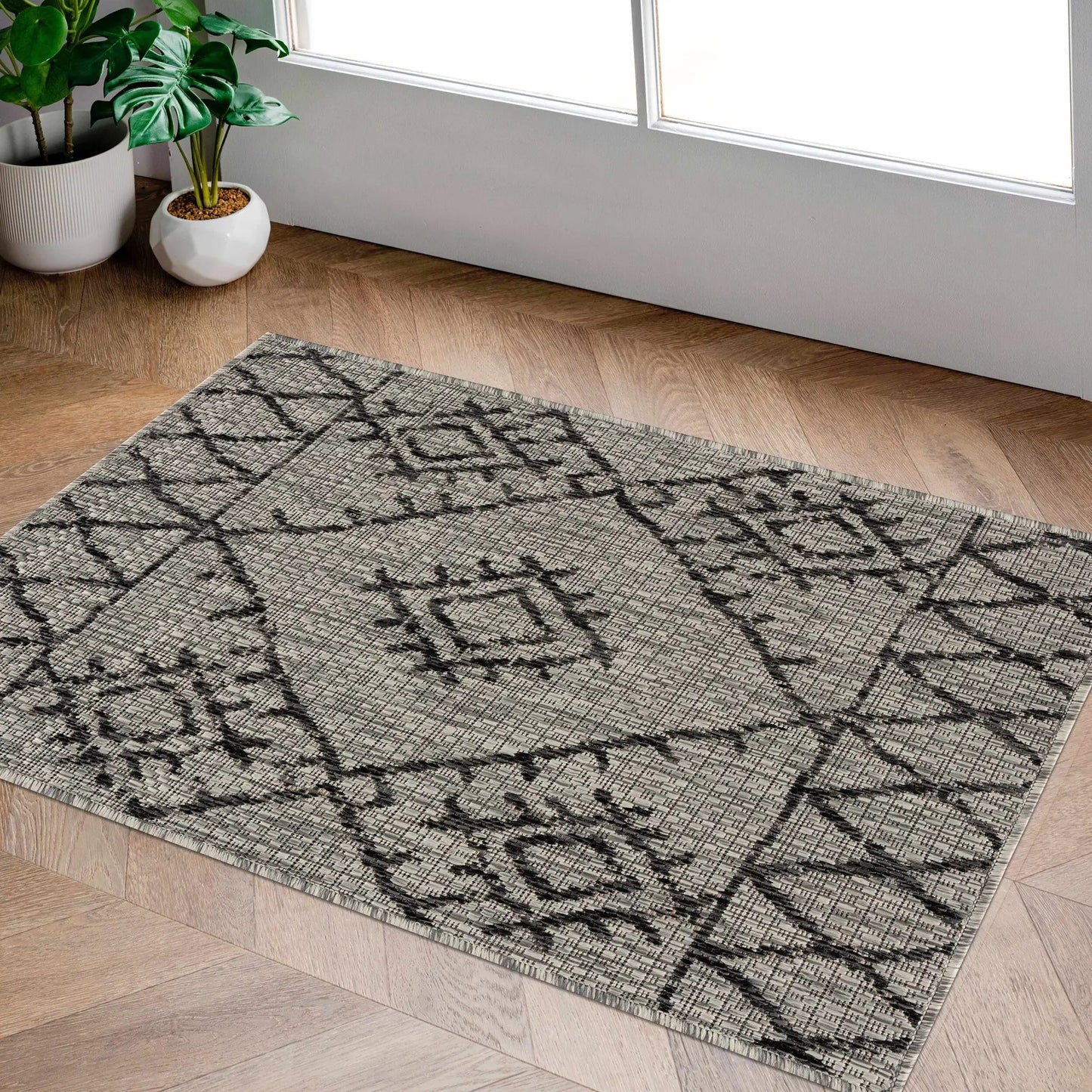 Marwood Nordic Performance Outdoor Rug with black gray geometric pattern, Boutique Rugs on Tampa Home & Garden Store