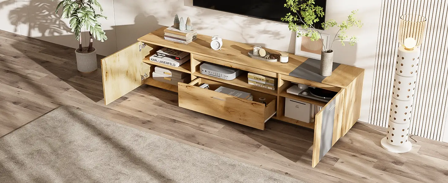 70 Inch Modern TV Stand with 3 cabinets and drawers, open doors reveal media on Tampa Home & Garden Store