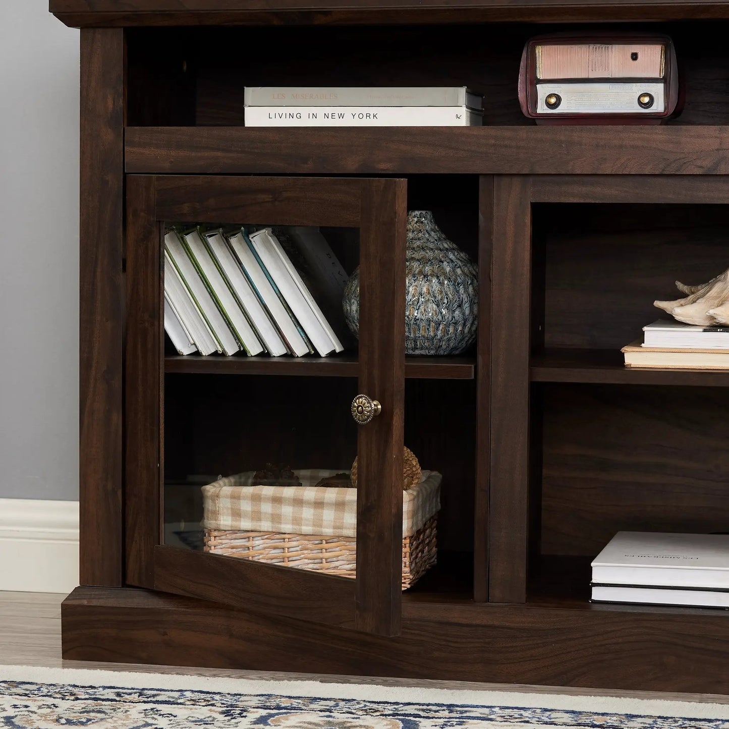 Soporte de TV contemporáneo, moderno mueble de entretenimiento, marrón