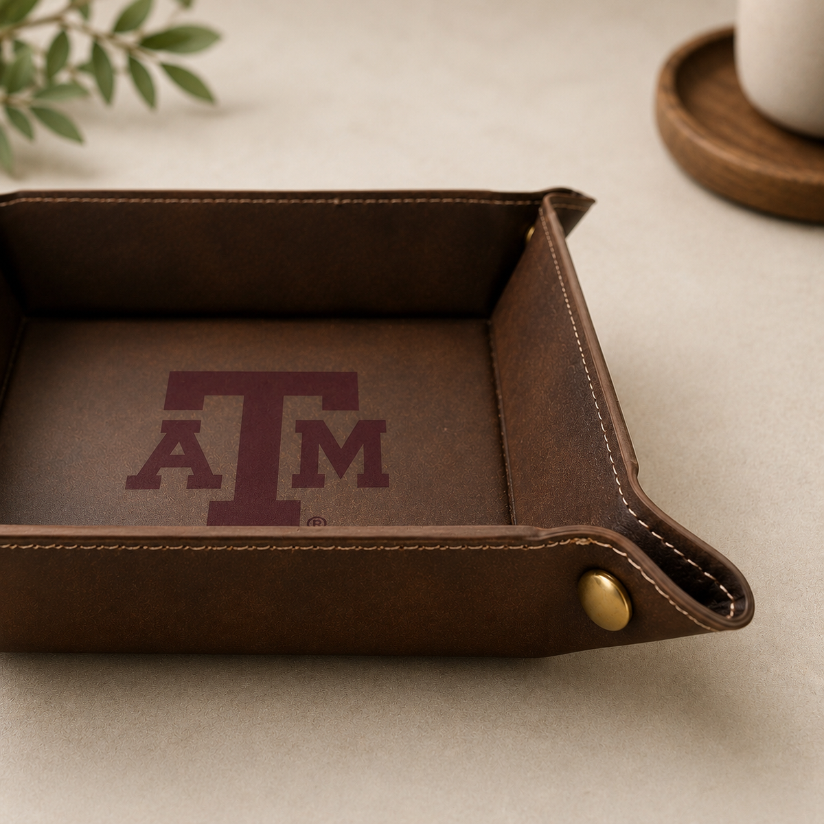 Texas A&M Maroon Leather Catchall Tray by Ryan's Woodworking, brown leather with stitching on Tampa Home & Garden Store
